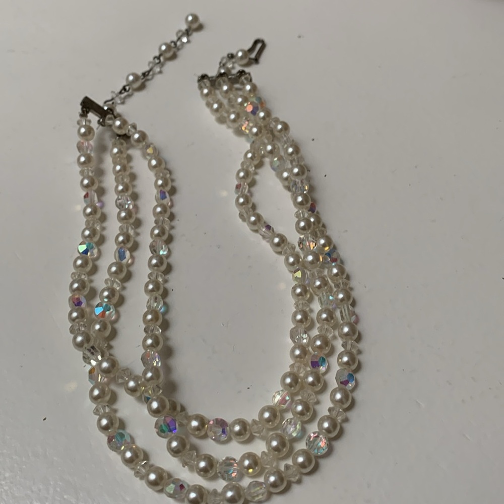 Vintage Faceted Iridescent Crystal & Pearl 3 Stra… - image 2